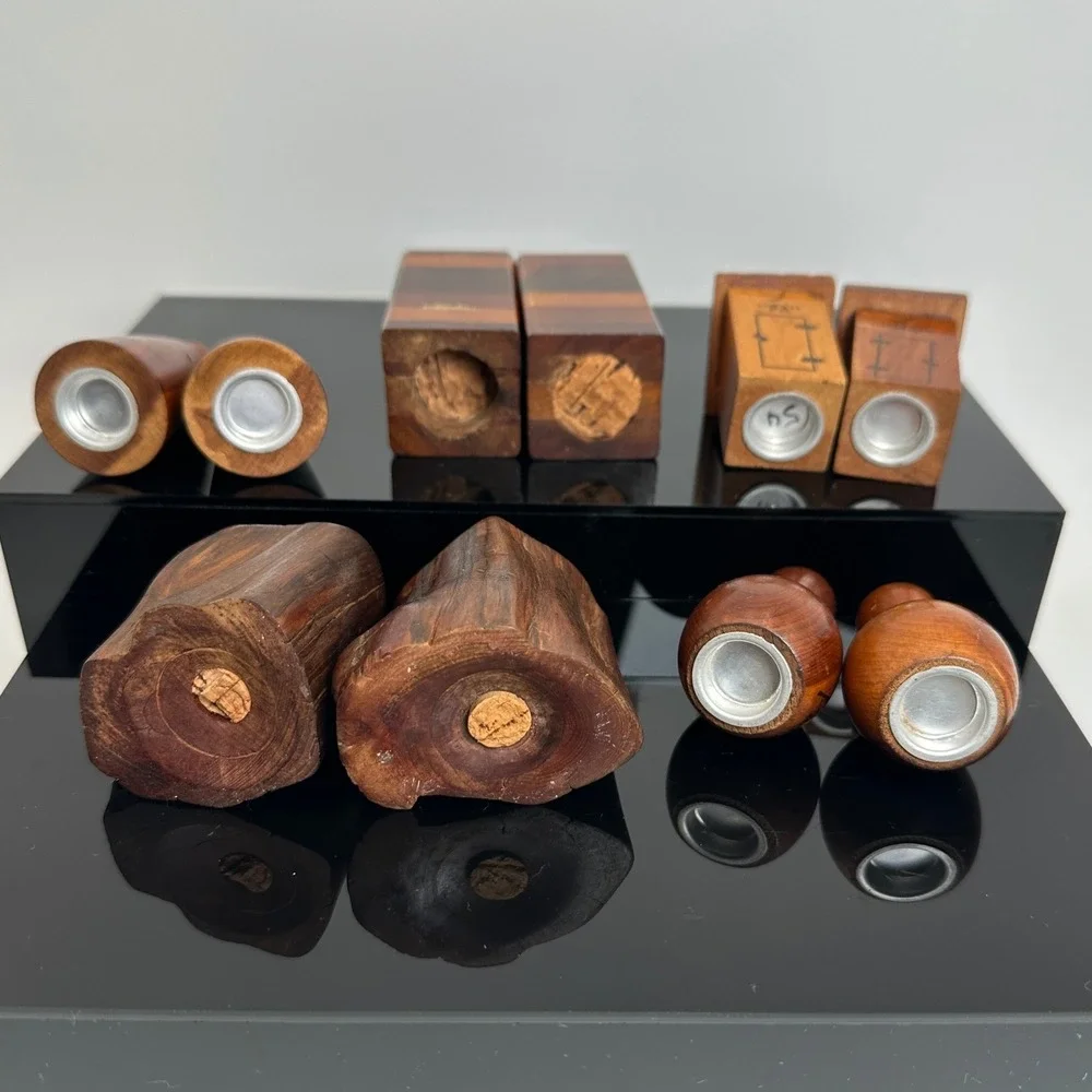 Vintage Salt Pepper Shaker Set Lot of 5 Wood Inlay Souvenir Novelty Rustic Mini